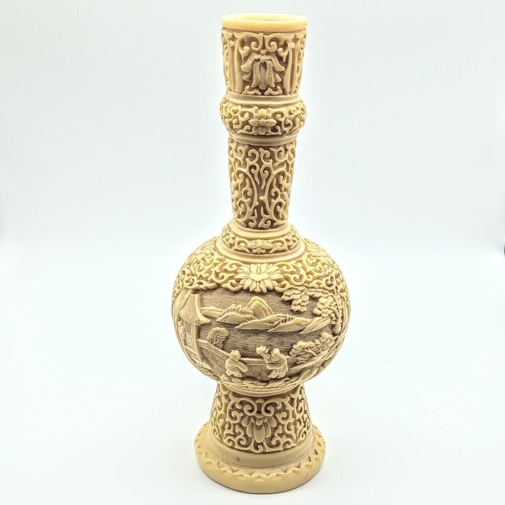 Chinese Carved White Cinnabar Tapered Candle Holder Vase